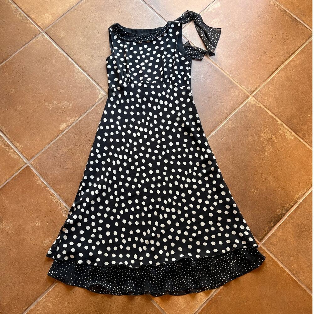 Cynthia Howie Vintage Silk Polka Dot Bias Cut Layered Midi Dress with Tie size 6